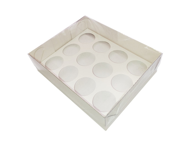 Caixa para 12 Doces BRANCO Tampa PET 15x12x4 com Berço C/10