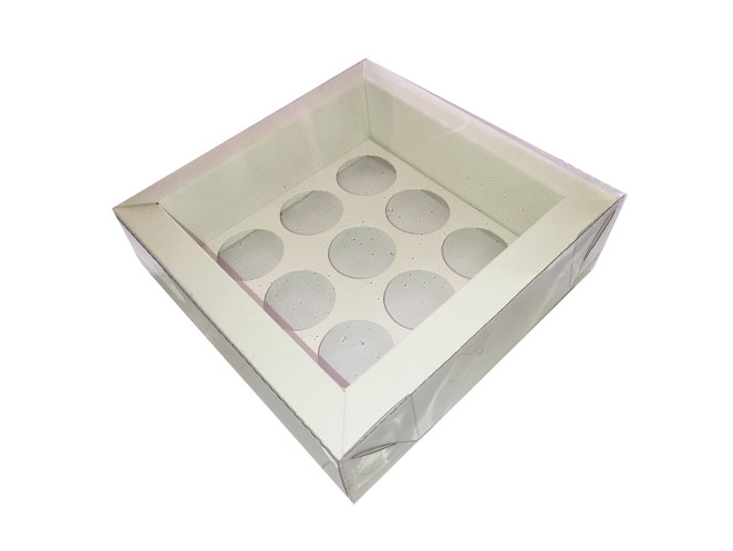 Caixa Moldura para 09 Doces com Berço 14x14x4,5 BRANCO Tampa PET Com 10