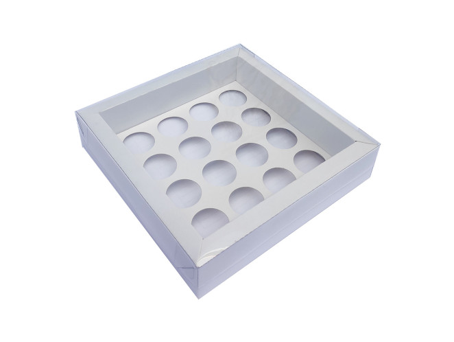 Caixa Moldura para 16 Doces com Berço 19x19x4 BRANCO Tampa PET Com 10