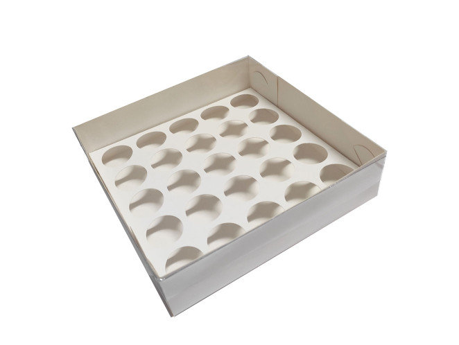 Caixa para 25 Doces BRANCO Tampa PET com Berço 19x19x5 com 10