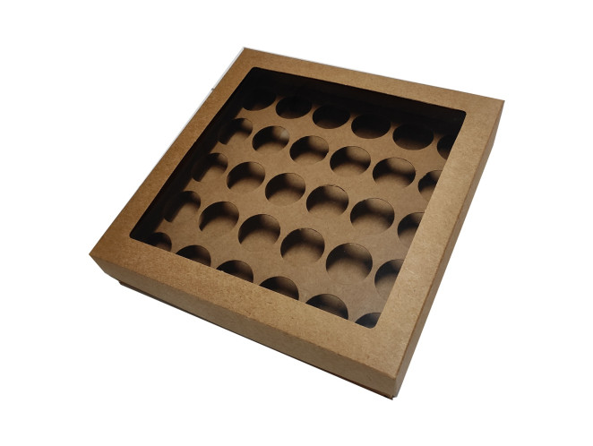 Caixa para 30 Doces KRAFT Visor PET 21x21x4 Com 10 com Berço