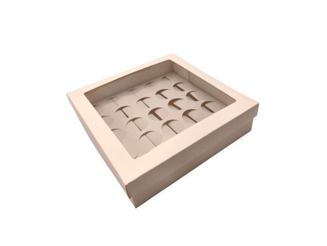 Caixa para 25 Doces BRANCO com Berço Visor PET 19x19x5 com 10