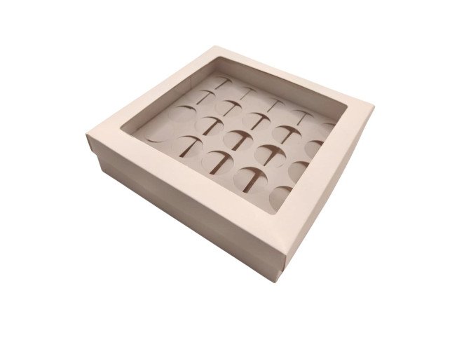 Caixa para 25 Doces BRANCO com Berço Visor PET 19x19x5 com 10