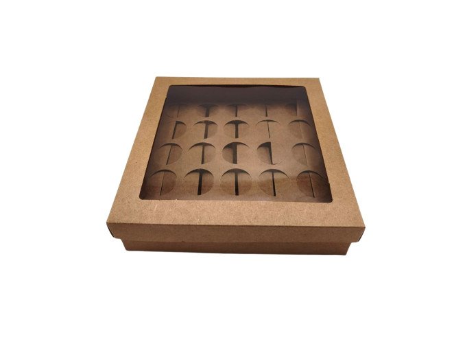Caixa para 25 Doces KRAFT com Berço Visor PET 19x19x5 com 10