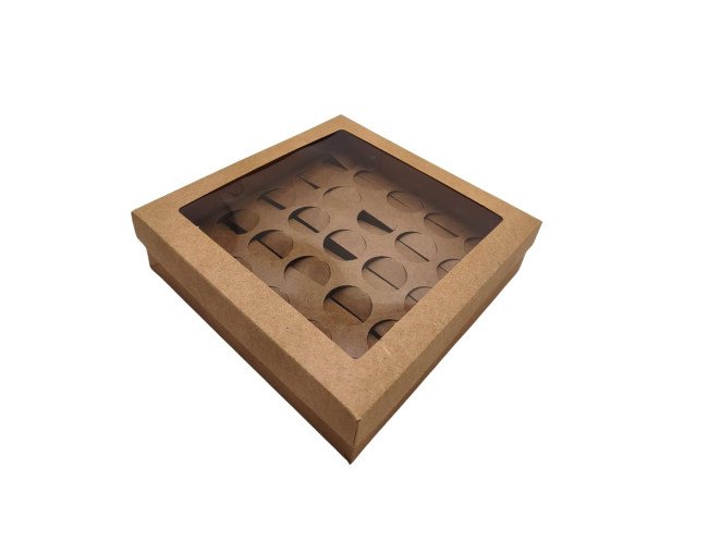 Caixa para 25 Doces KRAFT com Berço Visor PET 19x19x5 com 10