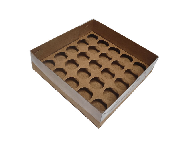Caixa para 25 Doces KRAFT Tampa PET com Berço 19x19x5 com 10