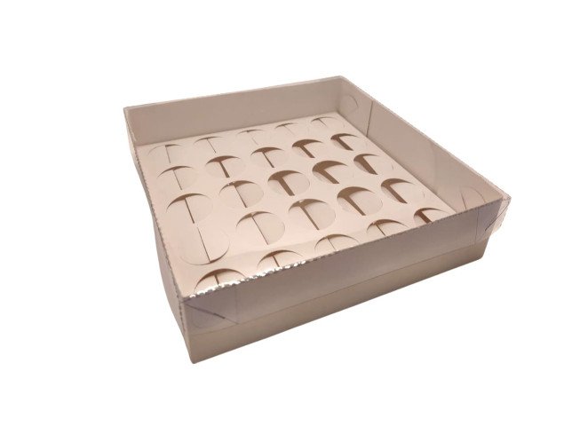 Caixa para 25 Doces BRANCO Tampa PET com Berço 19x19x5 com 10