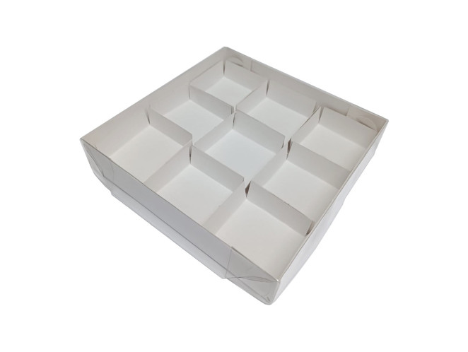 Caixa para 09 Brownie com Pétala 21x21x4 BRANCO Tampa PET Com 10