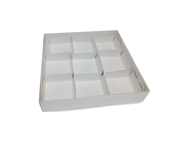 Caixa para 09 Brownie com Pétala 21x21x4 BRANCO Tampa PET Com 10